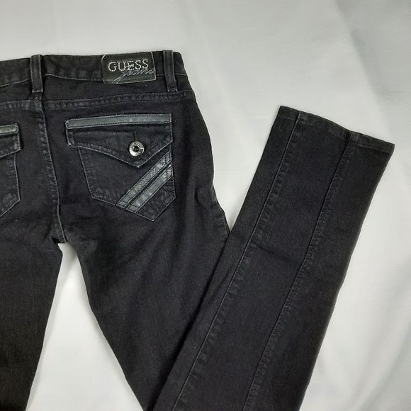 GUESS Jeans Starlet black W27 red label skinny asymmetrical pockets leather trim - Picture 9 of 14